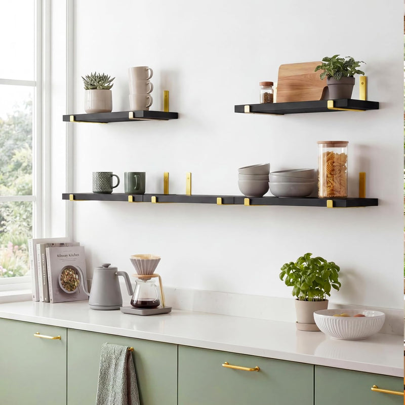 Fixwal Floating Black Gold Shelves Set of 5, Width 4.75 Inches Wall Shelves, Rustic Wood Wall Storage Shelves for Bedroom, Living Room, Kitchen, Bathroom, Home Decor, Laundry Room, Office and Plants