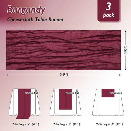 8 Pack Burgundy Red Cheesecloth Table Runner 120 Inch 10FT Gauze Cheese Cloth for Banquet, Valentine's Day, Independence Day, Retro Decoration