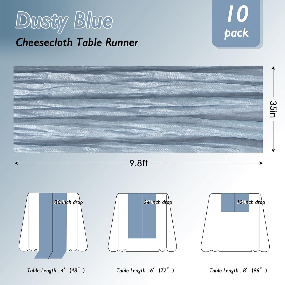 8 Pack Dusty Blue Cheesecloth Table Runner 120 Inch 10FT Gauze Cheese Cloth for Football Theme, Baby Shower, Coastal Style, Retro Decoration, Farmhouse