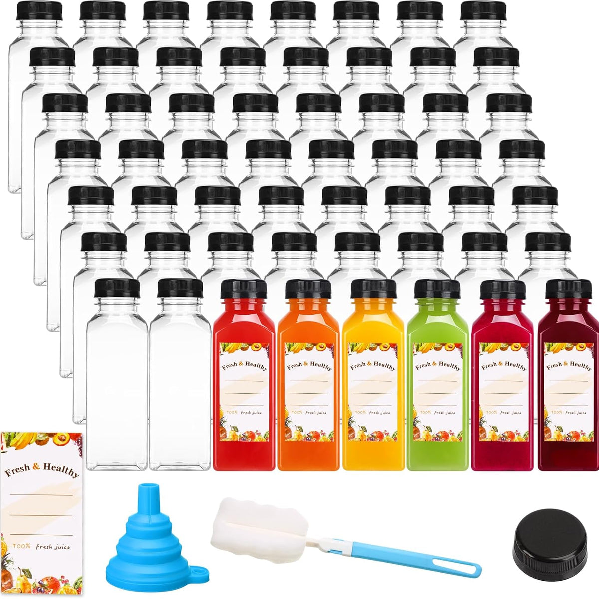 Moretoes 56pcs 12oz Juice Bottles with Caps, Plastic Bottles with Brush Funnel and Labels for Juice and Other Beverages