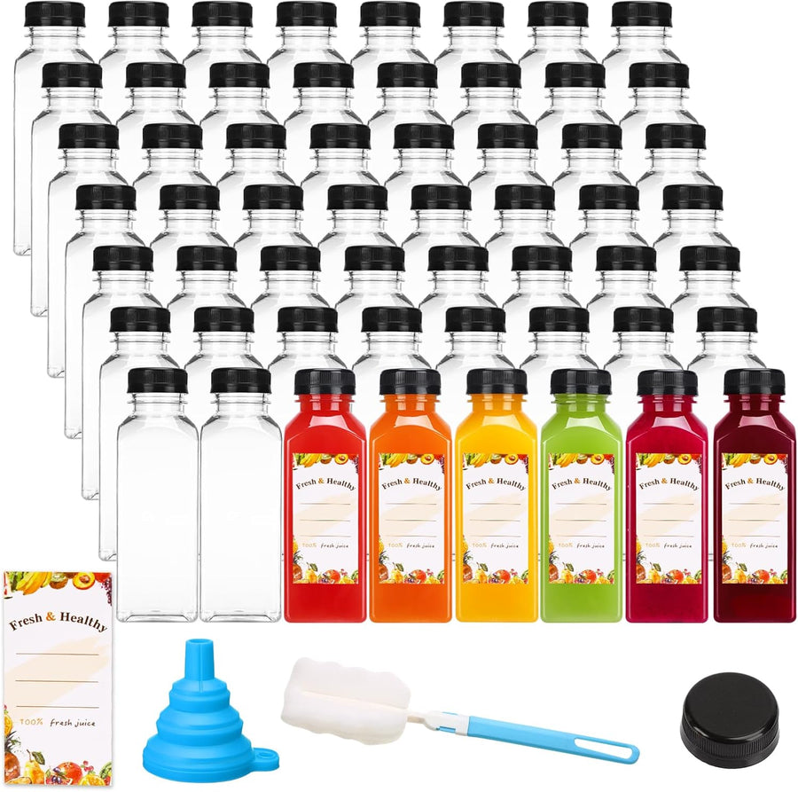56pcs 12oz Juice Bottles with Caps, Plastic Bottles with Brush Funnel and Labels for Juice and Other Beverages