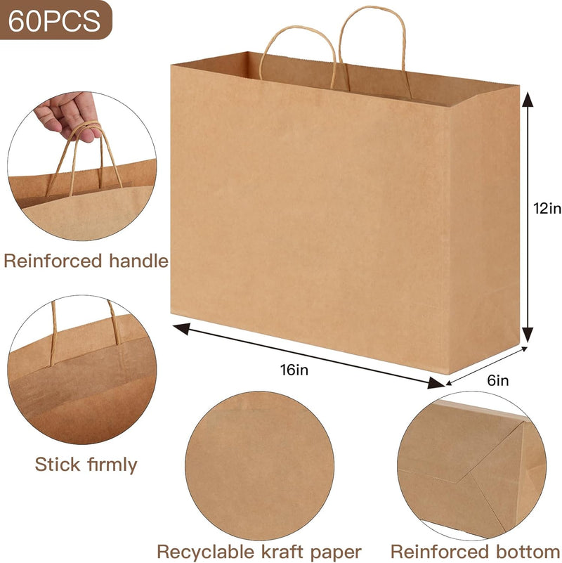 Moretoes 60pcs 16x6x12 Inches Paper Bags with Handles Bulk Large Gift Bags with Handles Brown Paper Bags for Grocery, Merchandise, Gifts