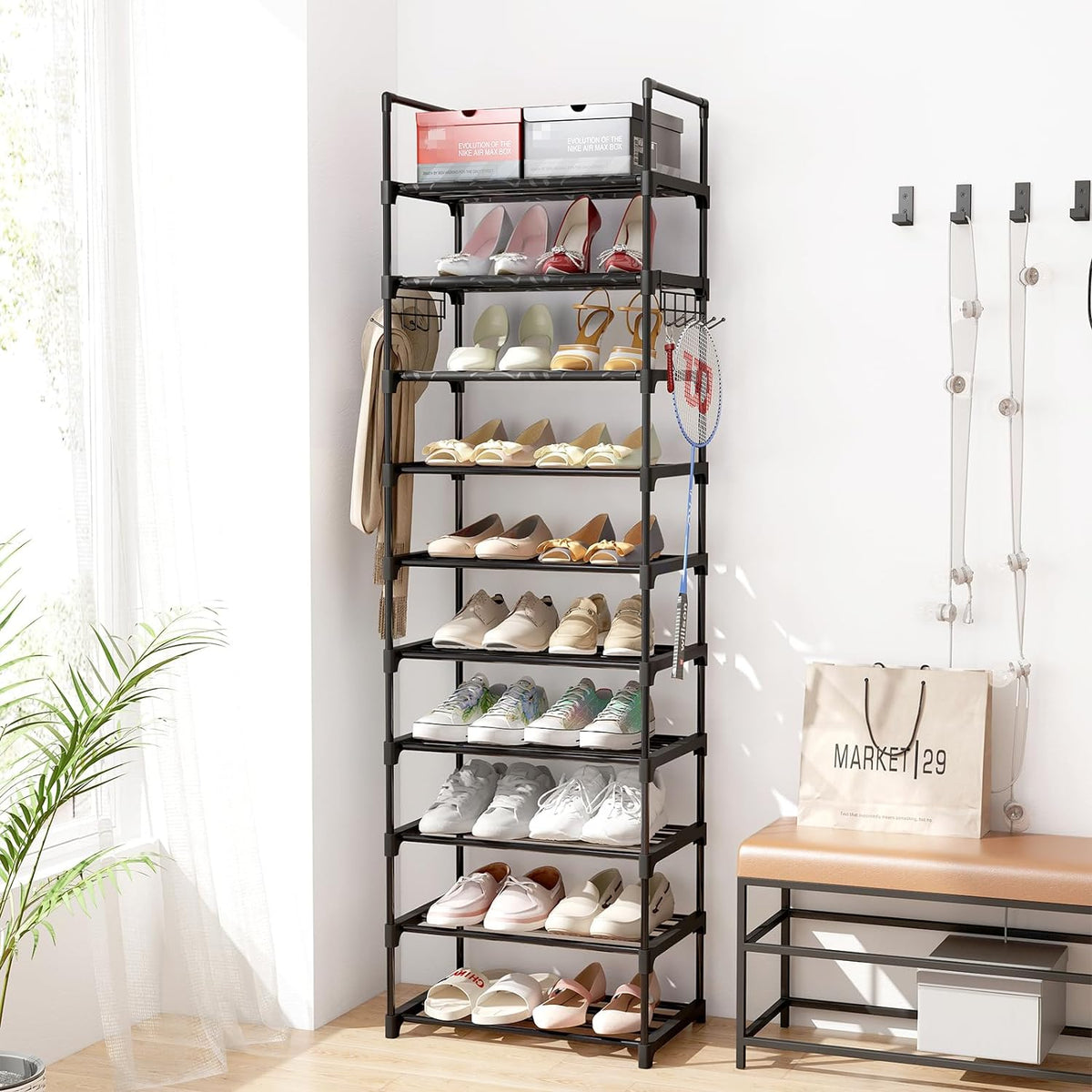 Fixwal 10-Tier Shoe Rack: Tall Narrow Metal Shelf with Hooks - Black, Holds 20-24 Pairs of Shoes and Boots for Closet, Entryway, Bedroom