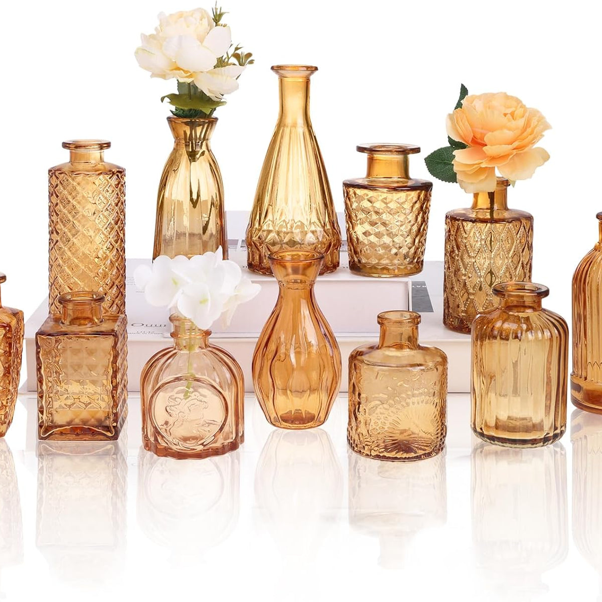 12 Pack Amber Gold Glass Bud Vase Set, Small Vintage Vases for Centerpieces, Decorative Flower Vases for Wedding Home Table Decor