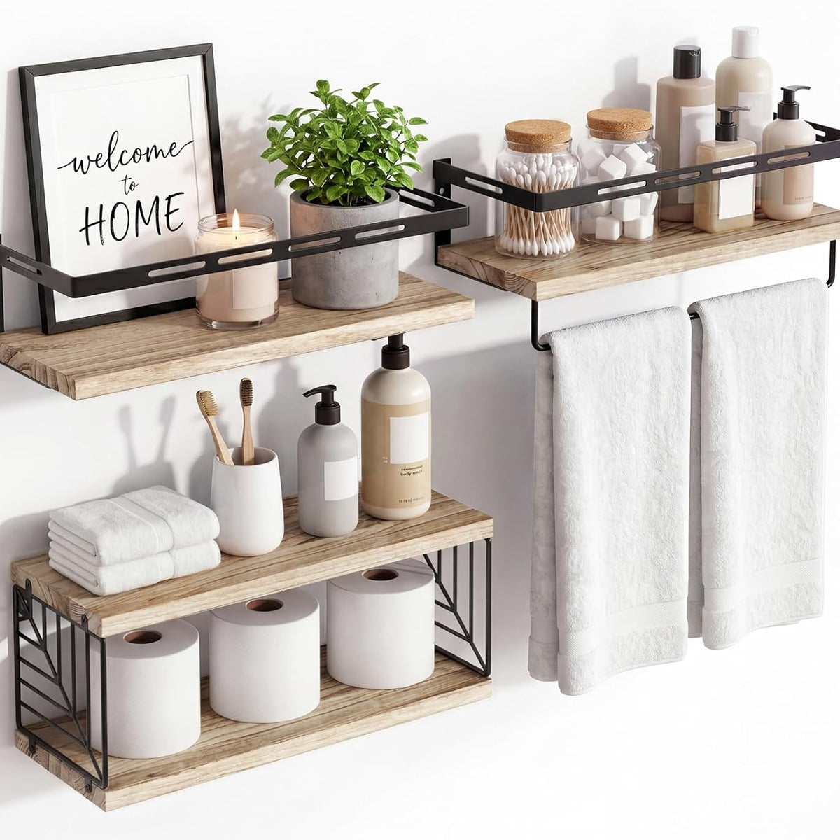 Fixwal Bathroom Shelves Over Toilet, Floating Shelves Wall Mounted with Metal Frame and Towel Bar for Bathroom, Kitchen, Bedroom, Living Room (3 Plus 1 Rustic Brown)