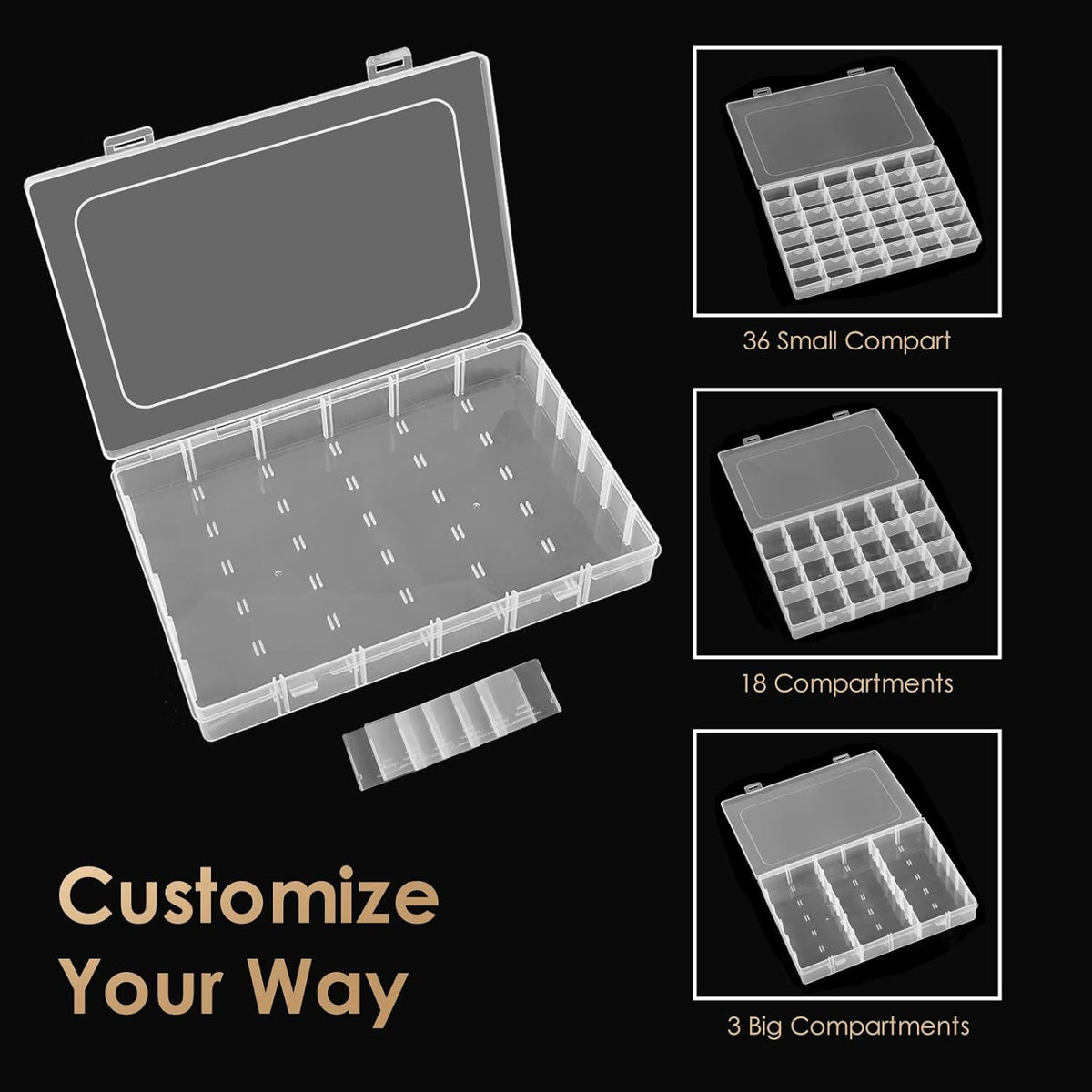 6 Pack 36 Grids Clear Plastic Organizer Storage Box Container, Craft Storage with Adjustable Dividers for Beads, Art DIY, Crafts, Jewelry, Fishing Tackle with Label Stickers