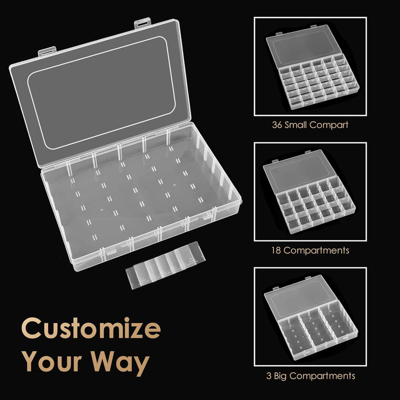 6 Pack 36 Grids Clear Plastic Organizer Storage Box Container, Craft Storage with Adjustable Dividers for Beads, Art DIY, Crafts, Jewelry, Fishing Tackle with Label Stickers