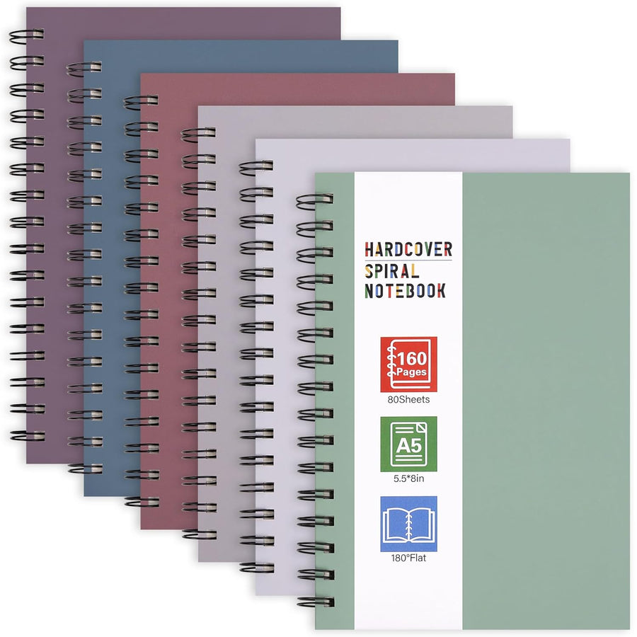 6pcs Spiral Notebook 5.5” x 8.5” Hardcover College Ruled Journals, A5 160 Pages Assorted Morandi Tone Colors for Work Office School Supplies