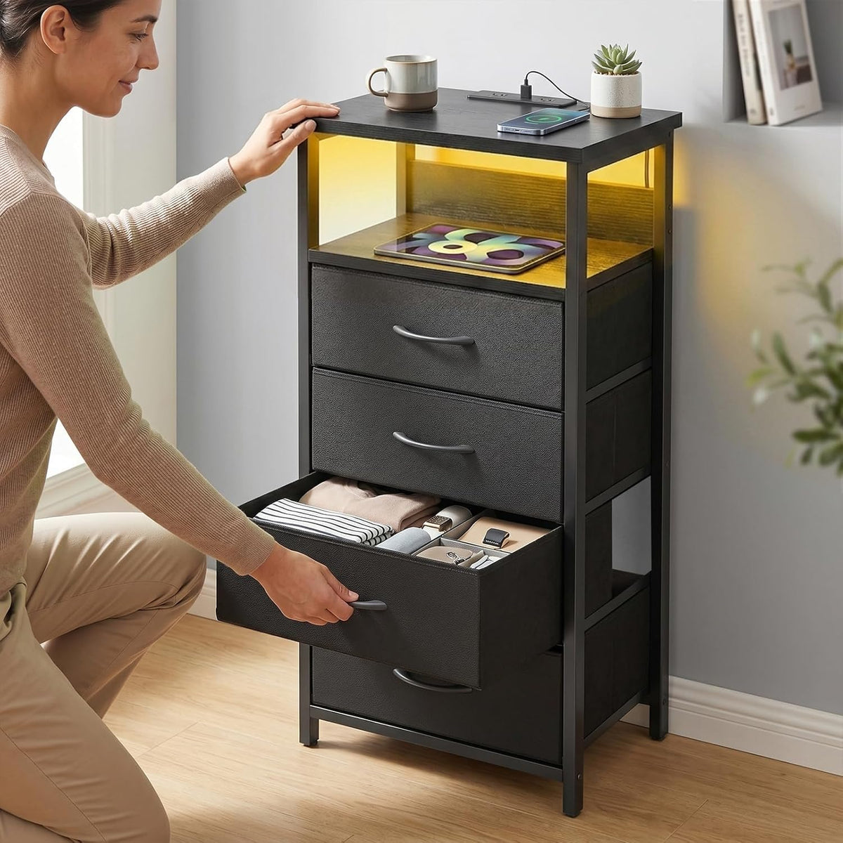Fixwal Night Stand with 4 Fabric Storage Drawers, Tall Nightstand Bedside Table with Charging Station & Led Lights, Fabric Dresser for Bedroom, Black