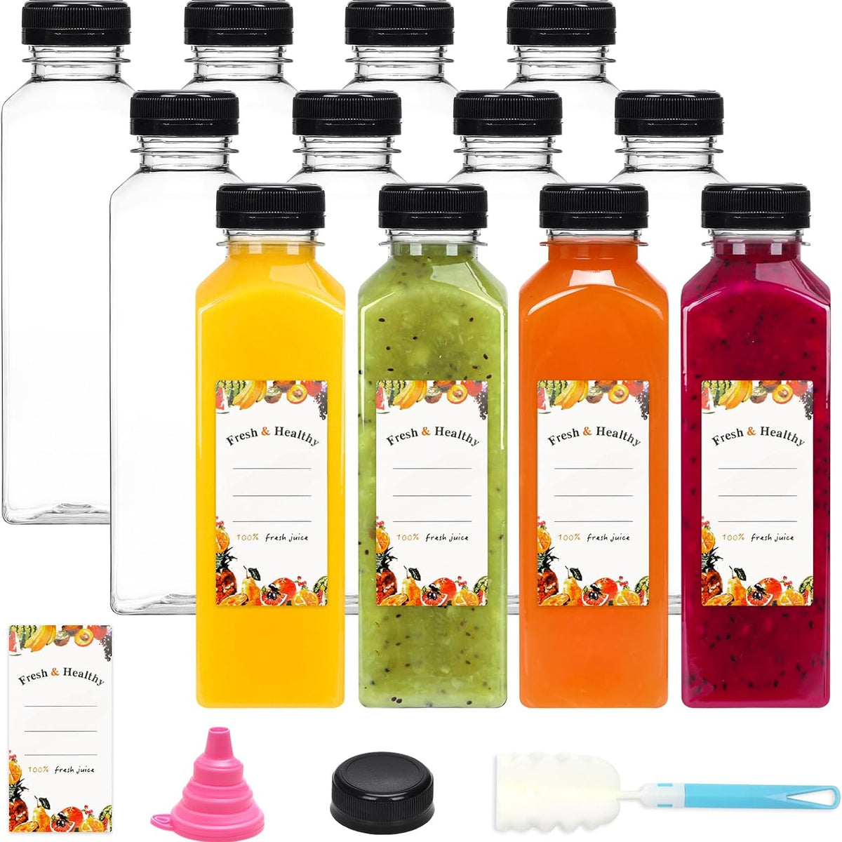 Moretoes 12pcs 16oz Plastic Juice Bottles with Caps, Reusable Juicing Bottles, Clear Empty Containers for Drinks, Smoothies and Other Beverages