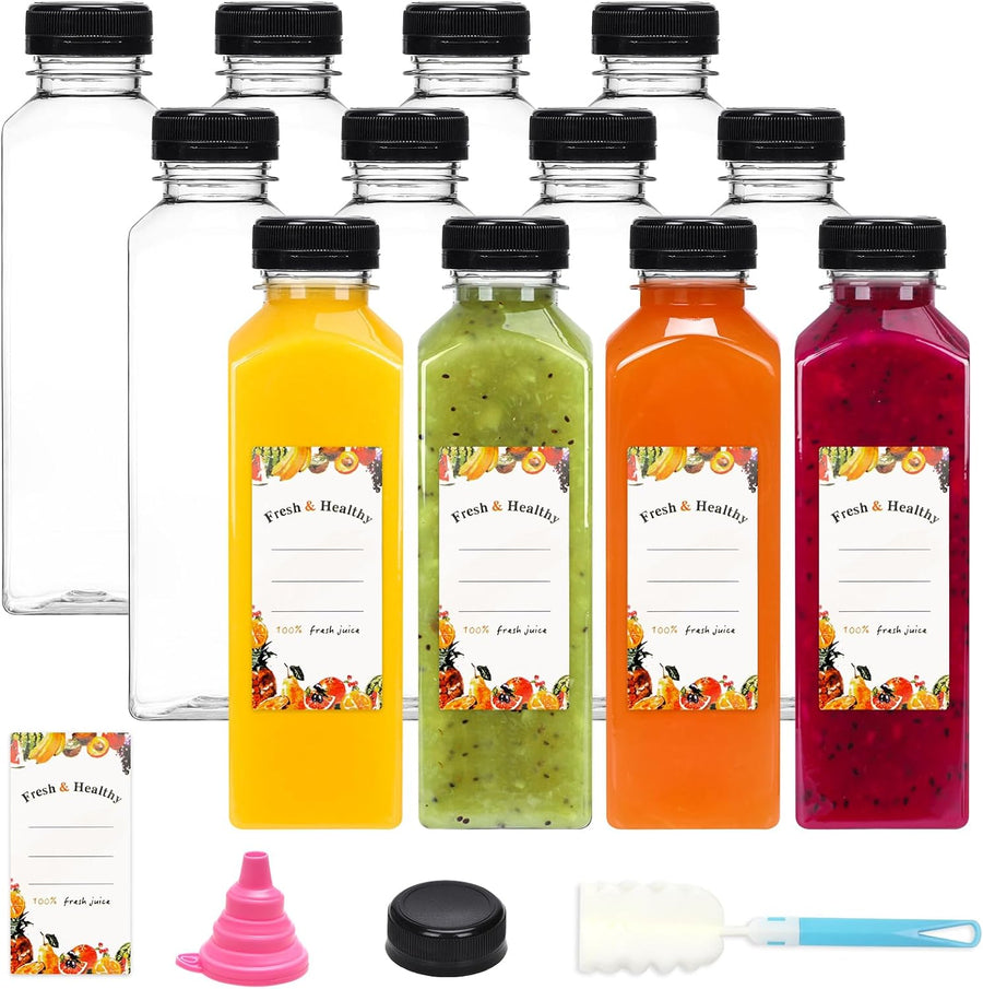 12pcs 16oz Plastic Juice Bottles with Caps, Reusable Juicing Bottles, Clear Empty Containers for Drinks, Smoothies and Other Beverages