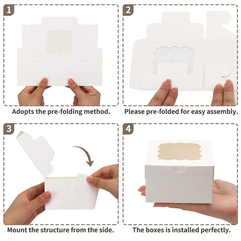 150pcs White Small Cookie Boxes with Window,4x4x2.5 Inch Small Bakery Boxes, 3 Style, Cookie Boxes Bulk for Dessert, Chocolate Strawberries Donuts and Party Favor