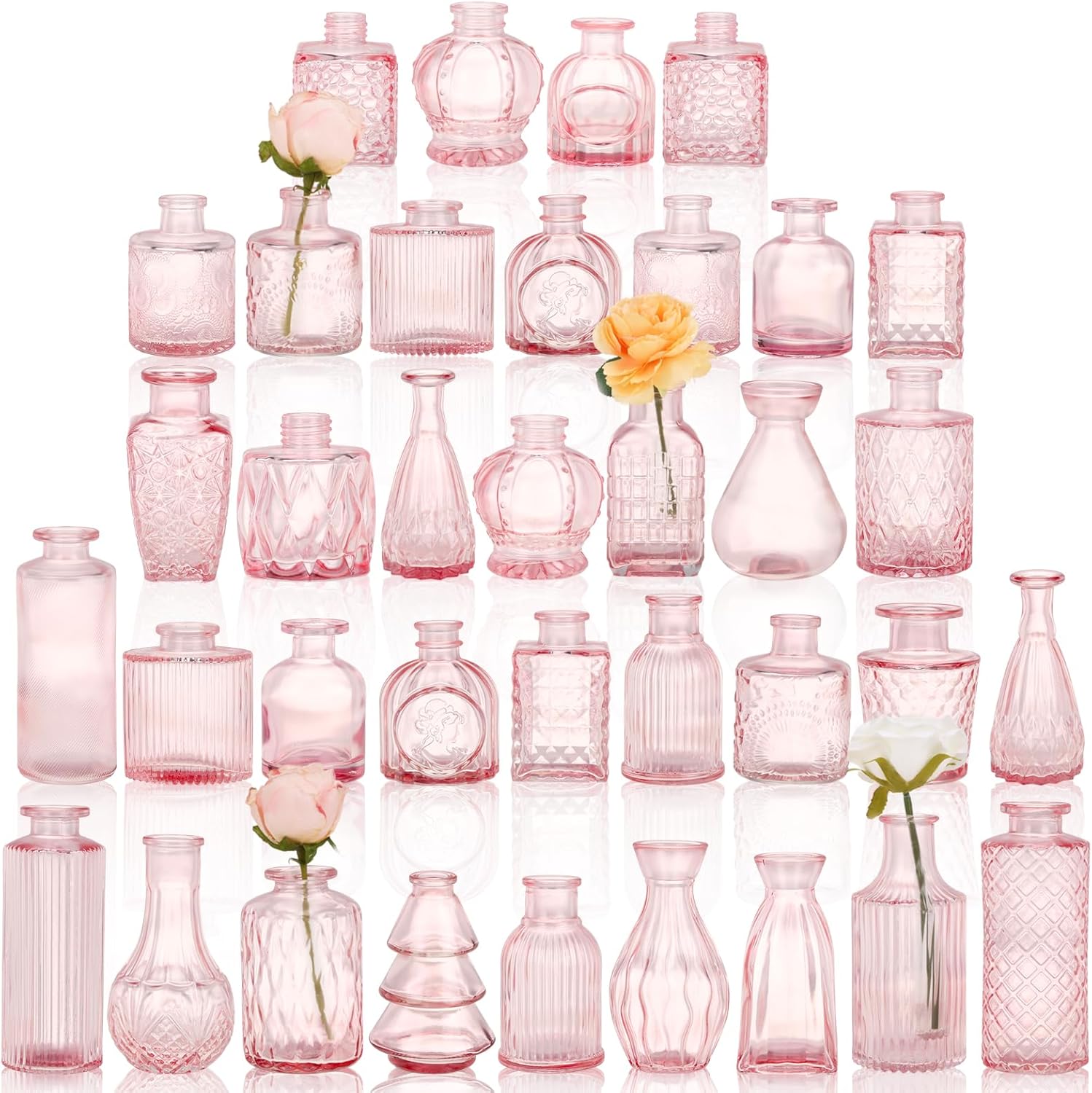 36pcs Pink Glass Bud Vase Set, Small Flower Vases for Centerpieces in Bulk, Mini Vintage Vase for Home, Wedding, Table Decor