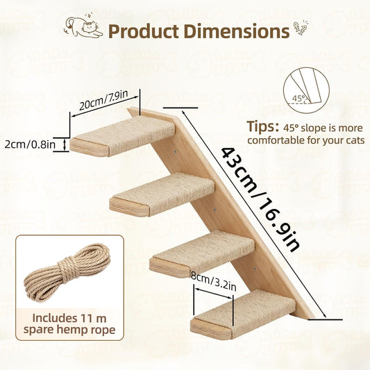Superlele Cat Wall Shelves 2-Piece Set, 4-Tier Wall Mounted Cat Climbing Stairs with Sisal Scratching Surface, Wooden Steps for Indoor Cats to Play & Scratch, Space-Saving Perch Furniture