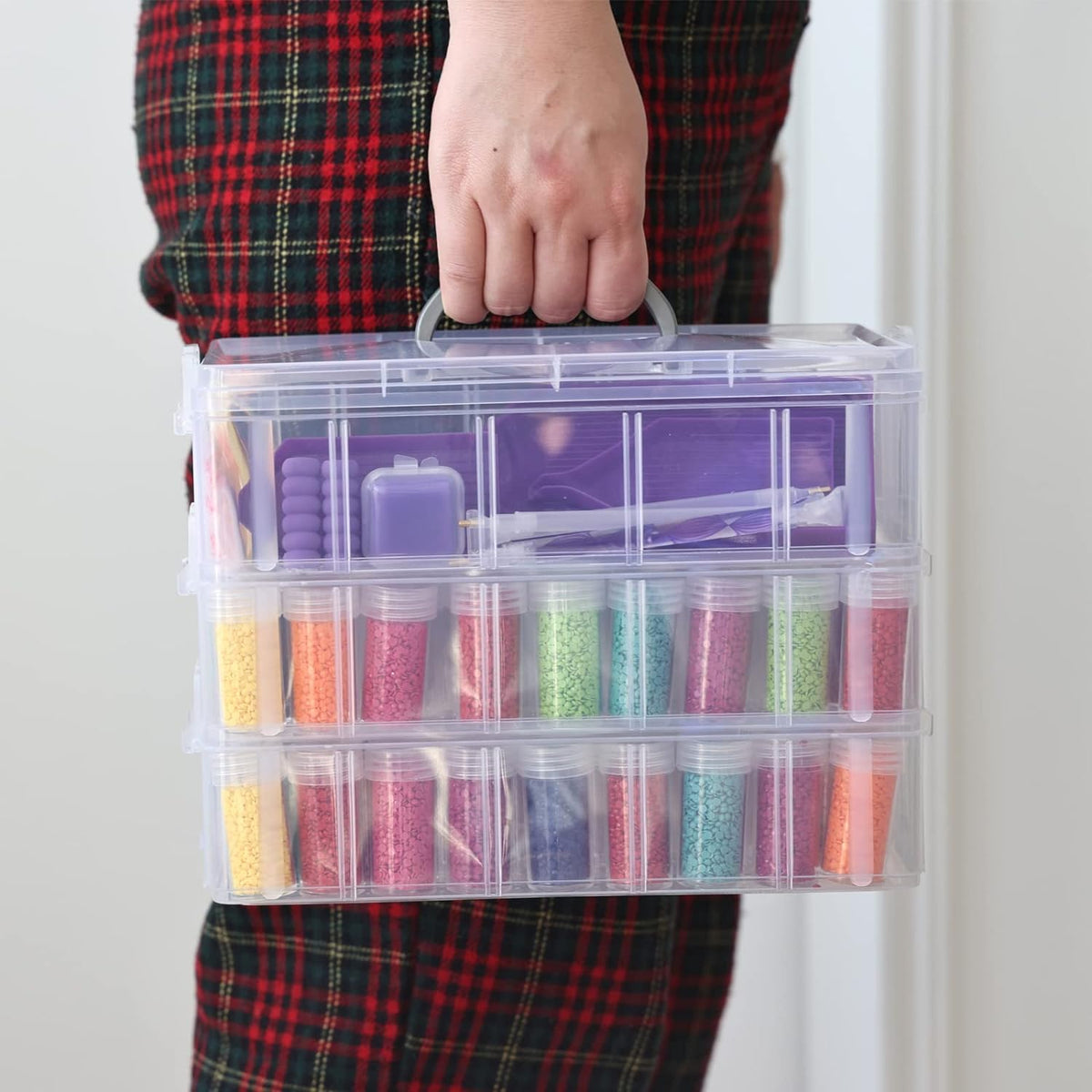 3-Tier Diamond Painting Storage Container, 100 Slots Clear Stackable Bead Organzier with Diamond Painting Accessories and Tools for DIY Diamond Art Craft Jewelry Bead Storage
