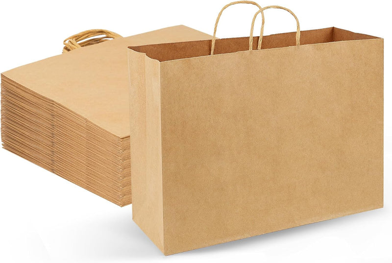Moretoes 60pcs 16x6x12 Inches Paper Bags with Handles Bulk Large Gift Bags with Handles Brown Paper Bags for Grocery, Merchandise, Gifts