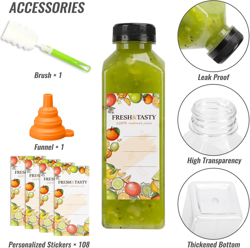 100pcs Plastic Bottles with Caps, 16oz Juice Bottles, with Caps with Black Caps,with Label, Funnel and Brush Beverage Containers for Juicing, Smoothies, Tea, Milk