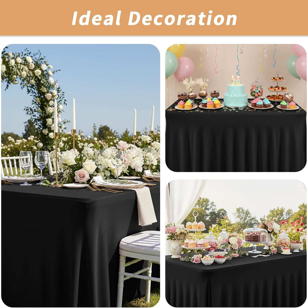 Fixwal 2 Pack Black Spandex Tablecloth for Rectangle Table 4ft, Table Skirt for Party, Show, Wedding and Birthday