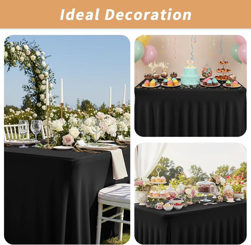 Fixwal 2 Pack Black Spandex Tablecloth for Rectangle Table 4ft, Table Skirt for Party, Show, Wedding and Birthday