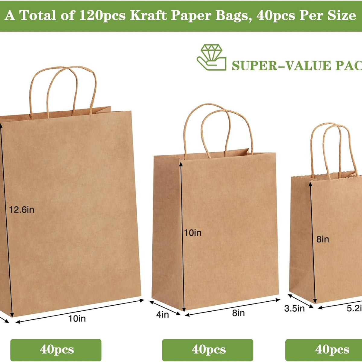 120pcs Paper Bags with Handles Assorted Sizes Kraft Brown Paper Gift Bags Bulk 3 Mixed Sizes for Retail, Party, Birthday, Gift, Shopping, Business, Merchandise