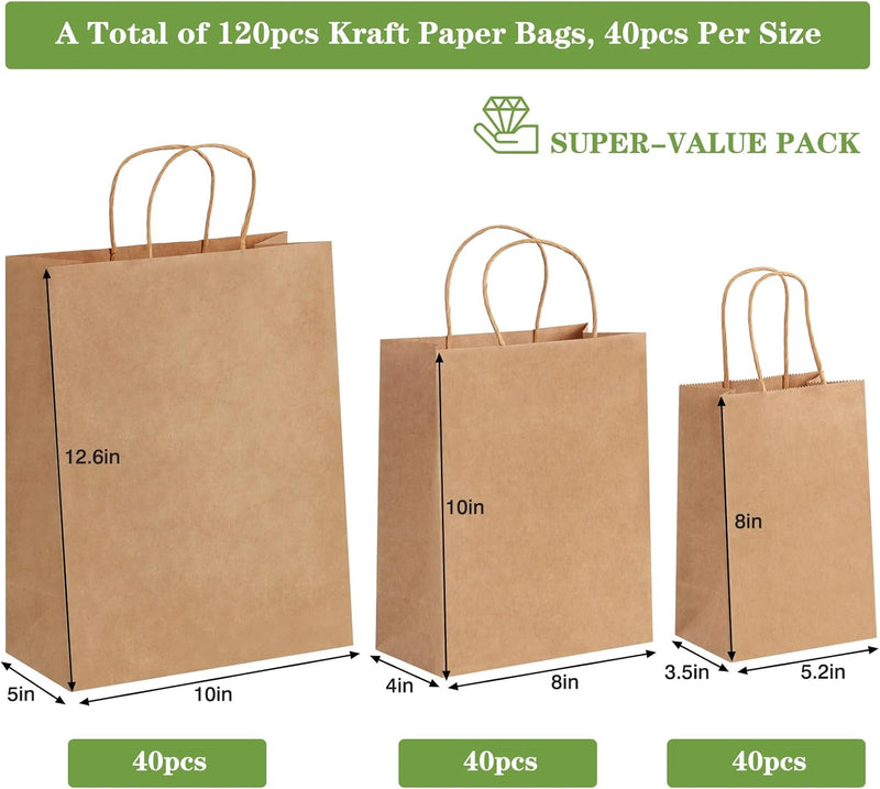 120pcs Paper Bags with Handles Assorted Sizes Kraft Brown Paper Gift Bags Bulk 3 Mixed Sizes for Retail, Party, Birthday, Gift, Shopping, Business, Merchandise