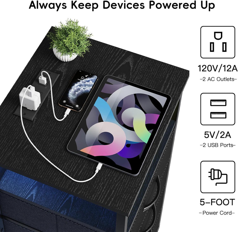 Fixwal Night Stand with 3 Fabric Storage Drawers, LED Nightstand with Charging Station, Bedside Table, Black