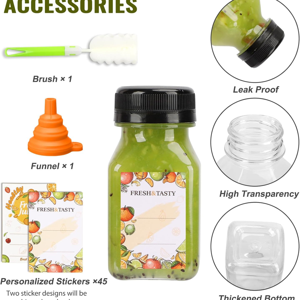 45pcs Juice Bottles with Caps, 4oz Plastic Containers with Lids Empty Reusable Clear Ginger Shots Bottles with Label, Funnel, and Brush Beverage for Juicing, Smoothies, Drinking, Fridge