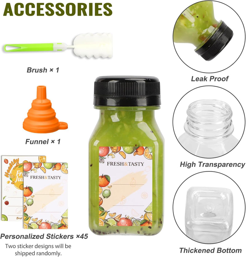 45pcs Juice Bottles with Caps, 4oz Plastic Containers with Lids Empty Reusable Clear Ginger Shots Bottles with Label, Funnel, and Brush Beverage for Juicing, Smoothies, Drinking, Fridge