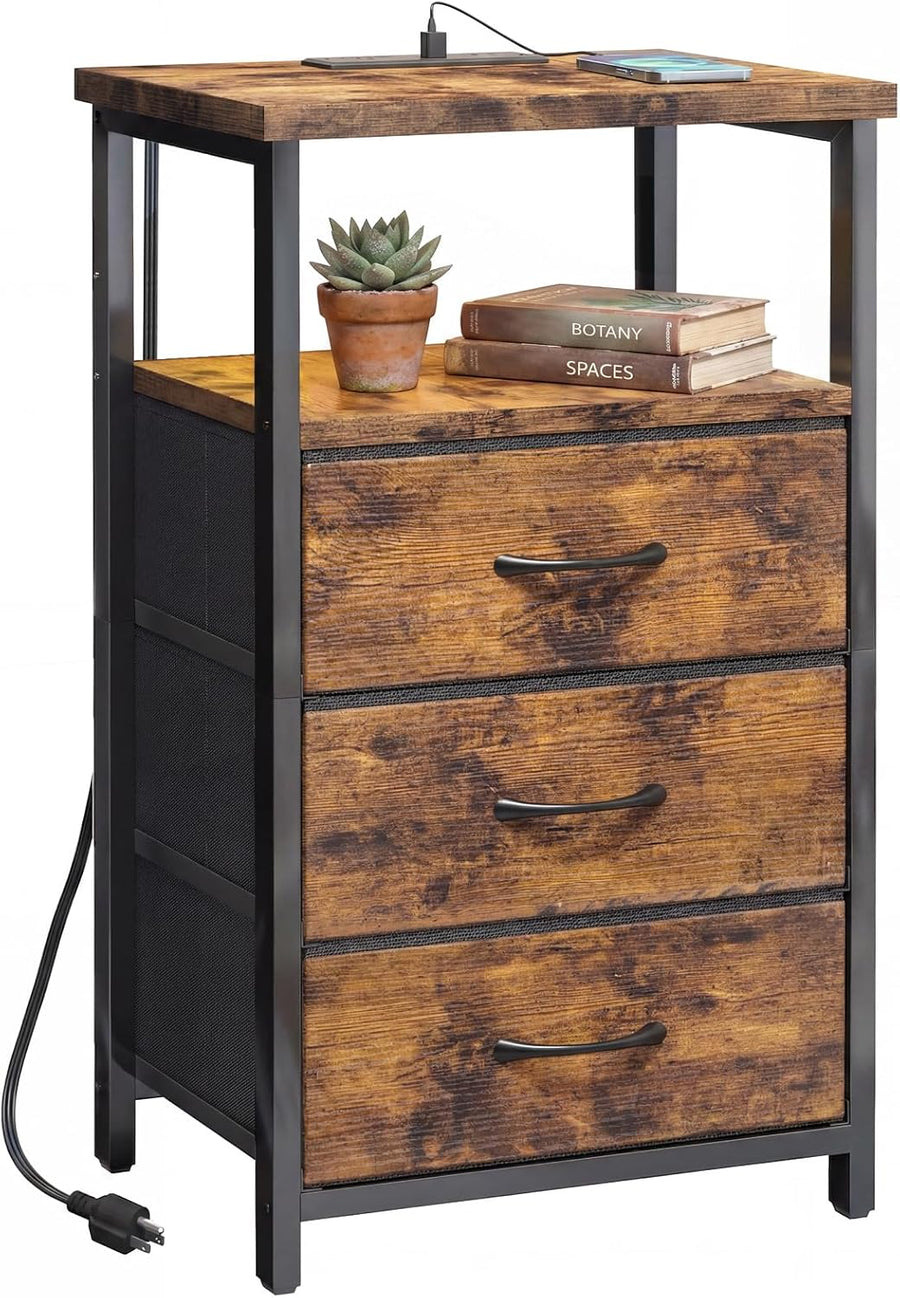 Night Stand with 3 Fabric Drawers, Nightstand for Bedroom, Bedside Table with Charging Station End Table with Storage, Rustic Brown