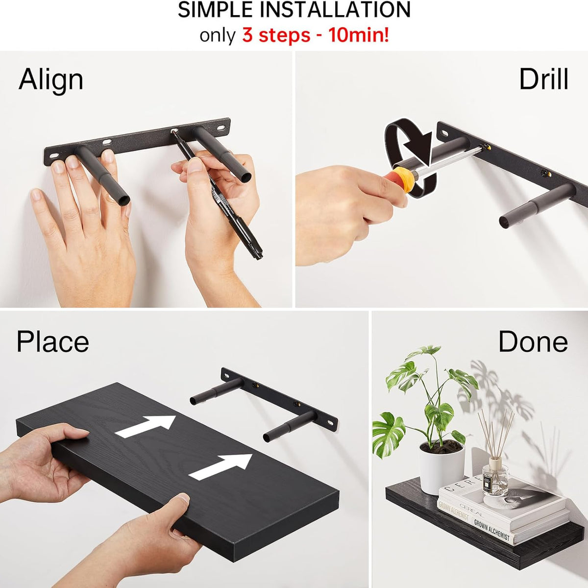 Fixwal 4-Pieces Floating Shelves for Wall, Wall Mounted Rustic Wood Shelves Black