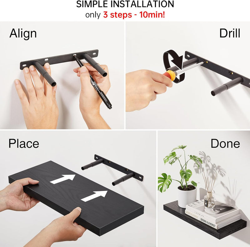 Fixwal 4-Pieces Floating Shelves for Wall, Wall Mounted Rustic Wood Shelves Black