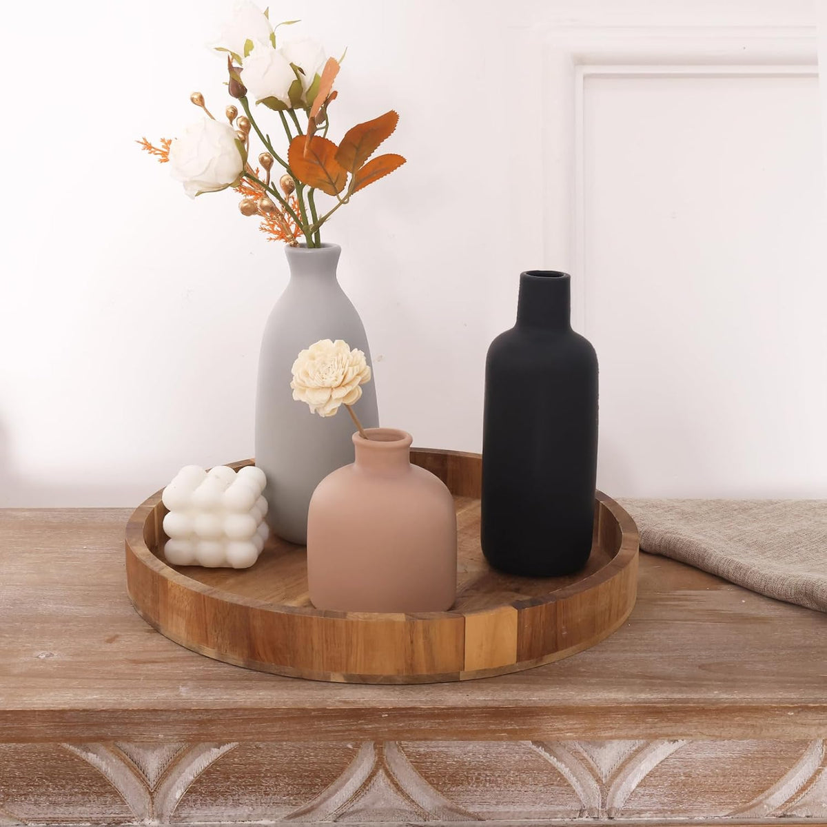 Ceramic Vase Set of 5, Home Decor Farmhouse Décor Handmade Pottery Vases for Pampas Grass, Dried Fresh Flowers, Table, Living Room, Kitchen, Shelf, Entryway Mantel Neutral Tones