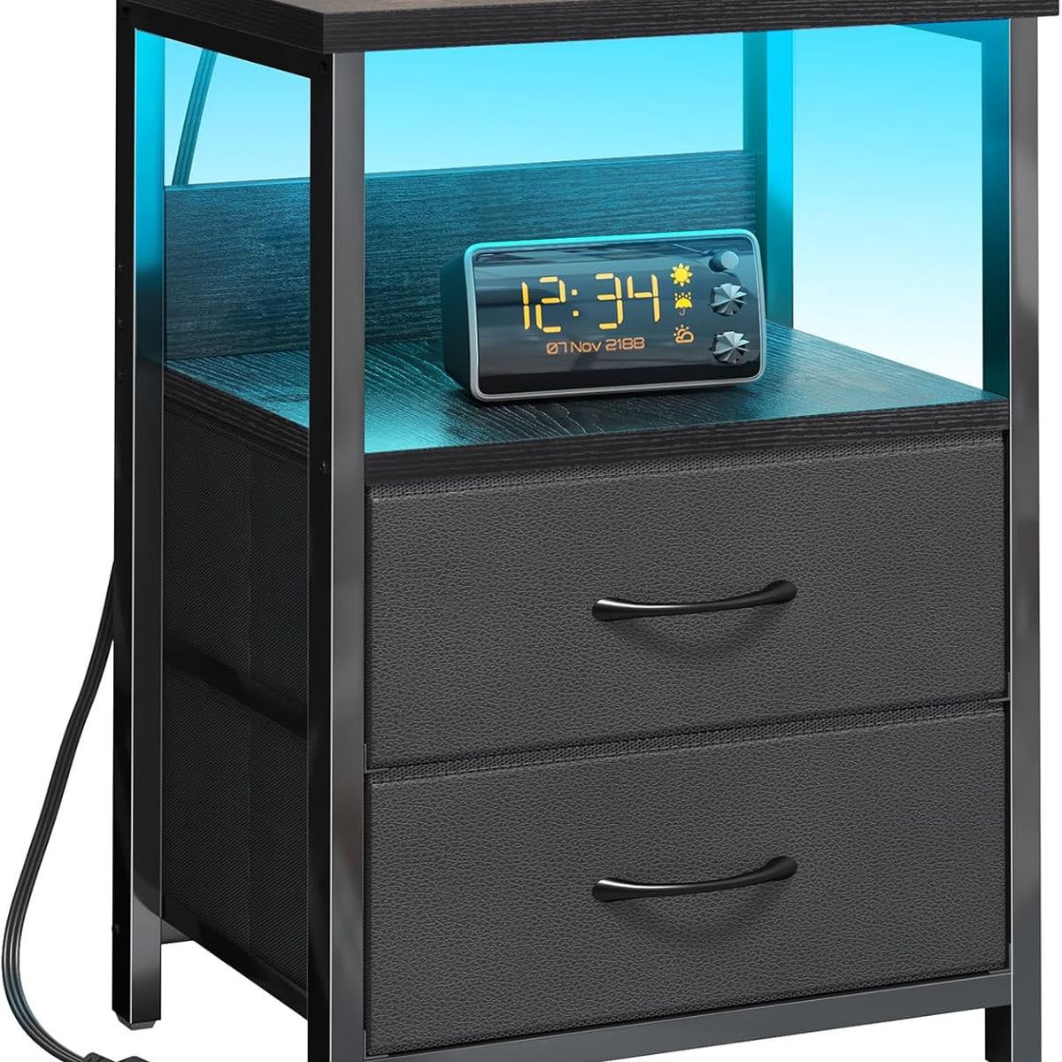 Fixwal Night Stand with Charging Station, LED Nightstand Small Dorm Room Furniture, 2 Fabric Storage Drawers, Bedside Table End Tables Bedroom Decor, Modern Black