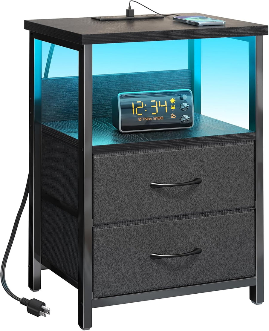 LED Nightstand with Charging Station & Fabric Drawers