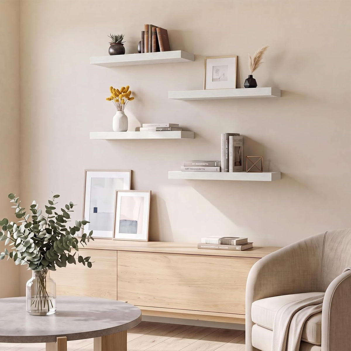 Fixwal White Shelves for Wall, 15.7in Rustic Wood Finish Floating Wall Shelves Set of 4, Shelves for Wall Decor, with Invisible Brackets for Bathroom, Living Room,Bedroom and Kitchen