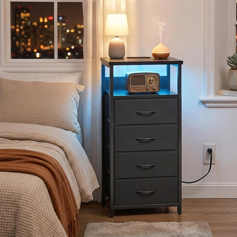 Fixwal Night Stand with 4 Fabric Storage Drawers, Tall Nightstand Bedside Table with Charging Station & Led Lights, Fabric Dresser for Bedroom, Black