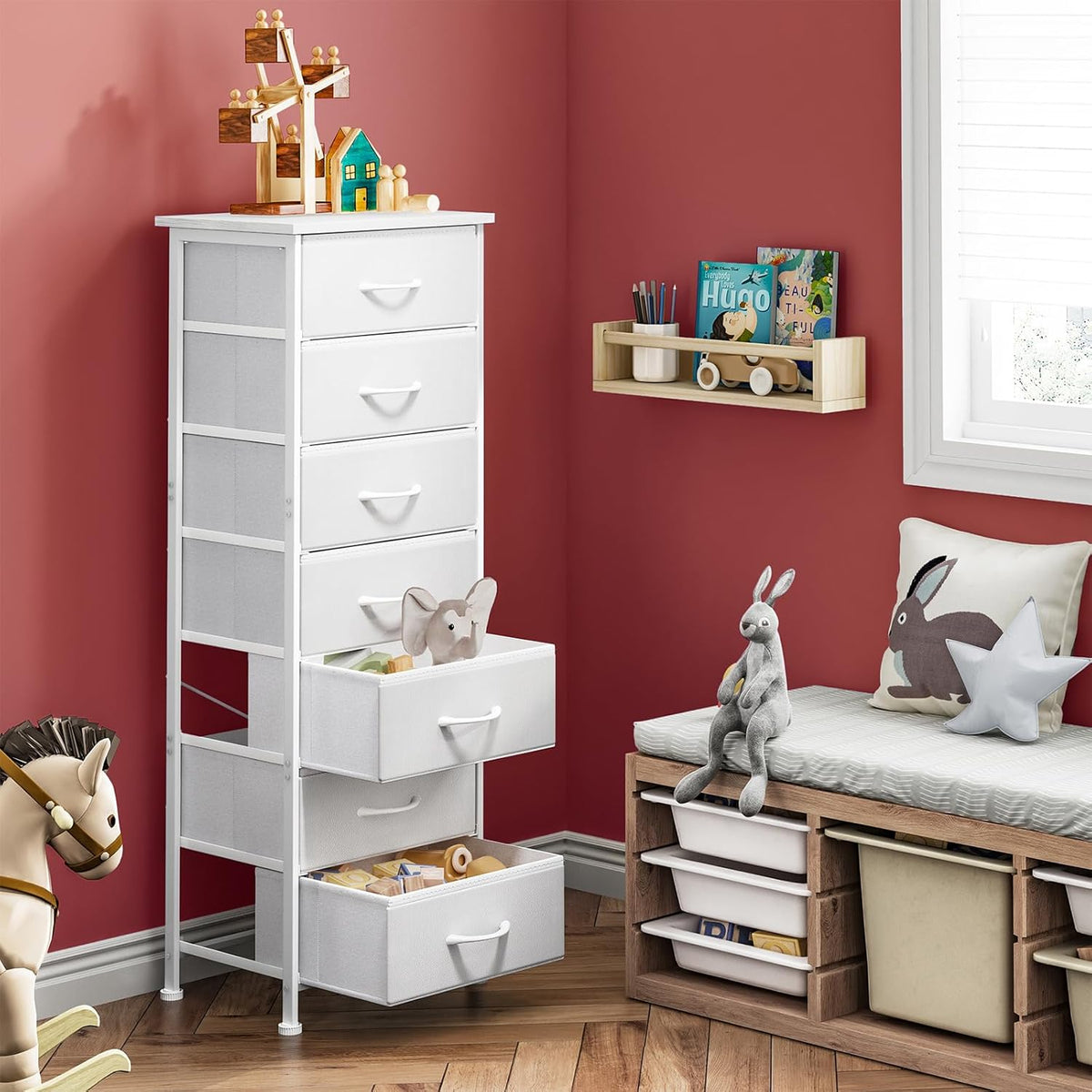 White Tall Dresser for Bedroom, Storage Dresser Organizer with 7 Fabric Drawers, Nightstand Furniture in Closet, Entryway, Hallway