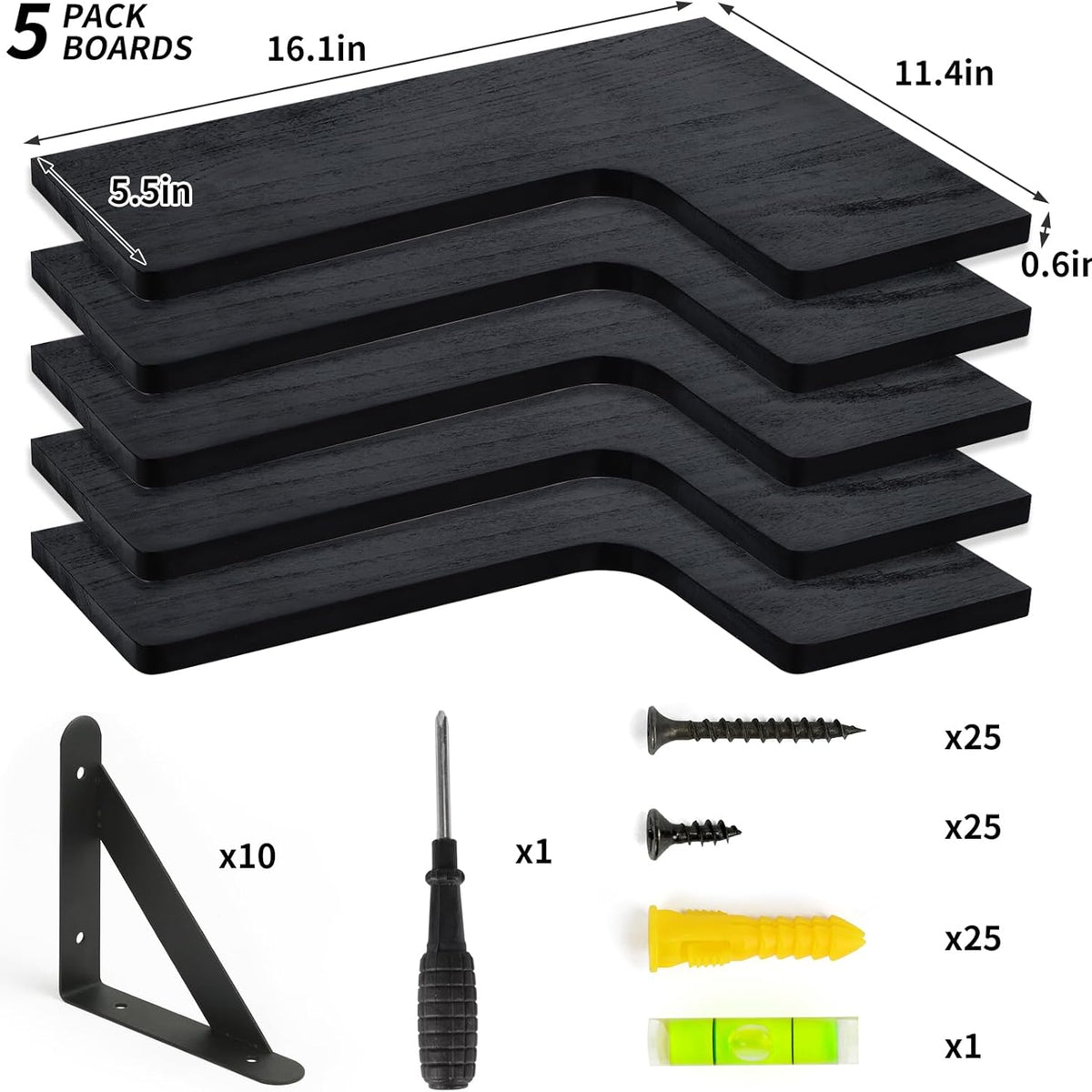 Fixwal Corner Shelves Wall Mounted Set of 5, Floating Shelves for Wall Bathroom, Kitchen, Bedroom, Home Decor, Laundry Room, Living Room (Black)