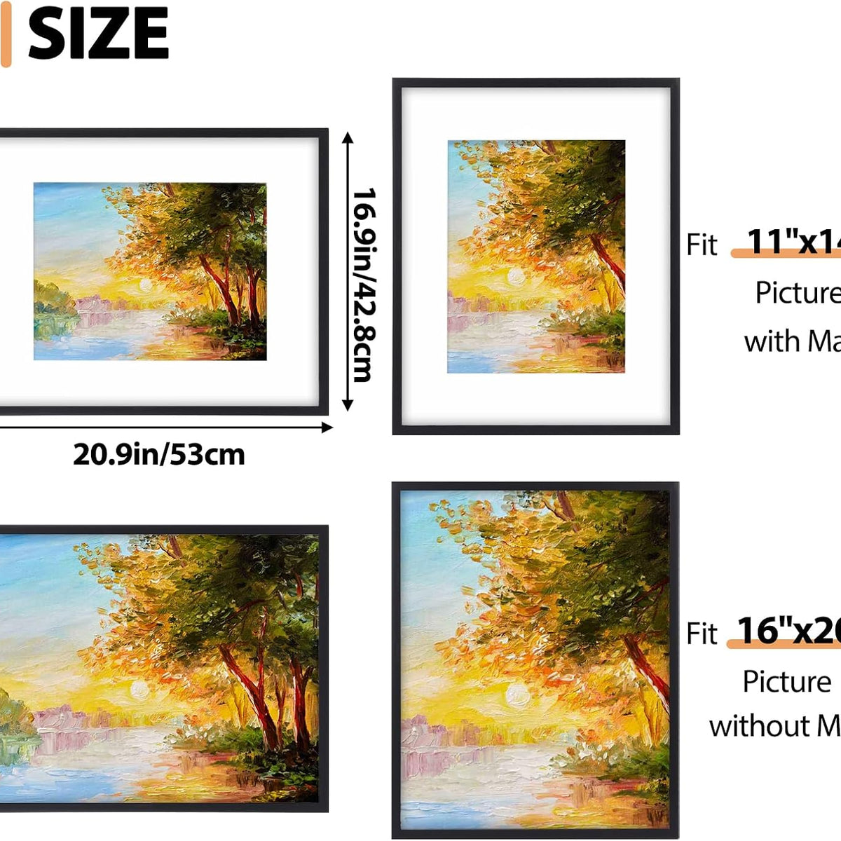 Fixwal 16x20 Picture Frame Set of 2, Black Poster Frames for Wall Display with Mat for 11x14 Pictures