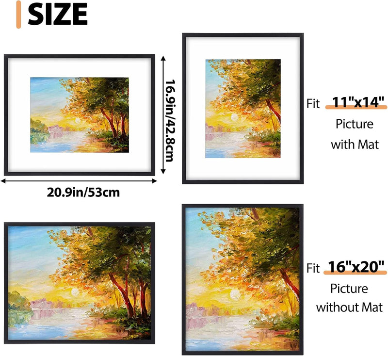 Fixwal 16x20 Picture Frame Set of 2, Black Poster Frames for Wall Display with Mat for 11x14 Pictures