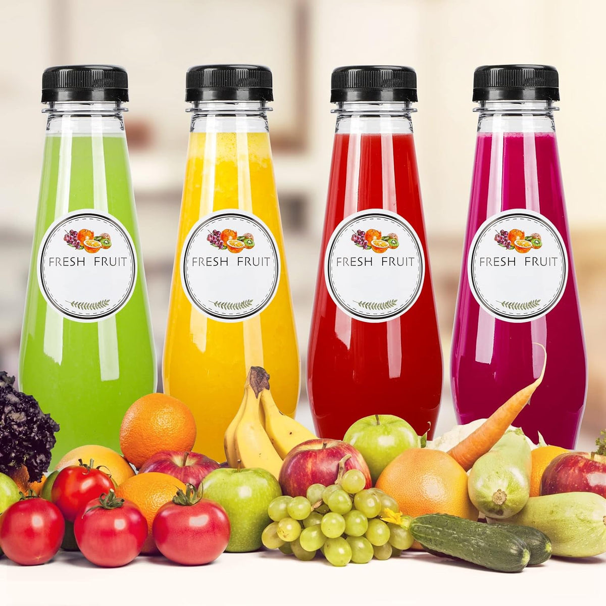 Moretoes 40pcs 12oz Juice Bottles, Empty Plastic Juicing Bottles with Caps, Cone Reusable Clear Bulk Beverage Containers for Juicing, Drinking, Milkshake, Tea and Other Beverages