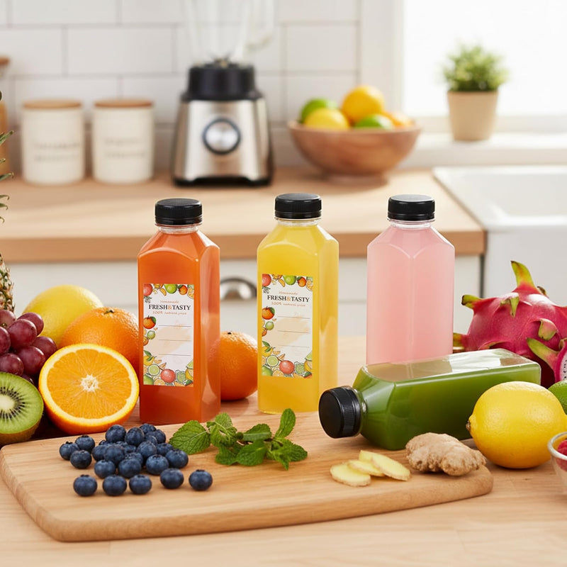 150pcs Juice Bottles, 16oz Reusable Plastic Juice Bottles with Caps and Labels, Funnel, Brush Beverage Containers for Juicing, Smoothies, Tea, Milk