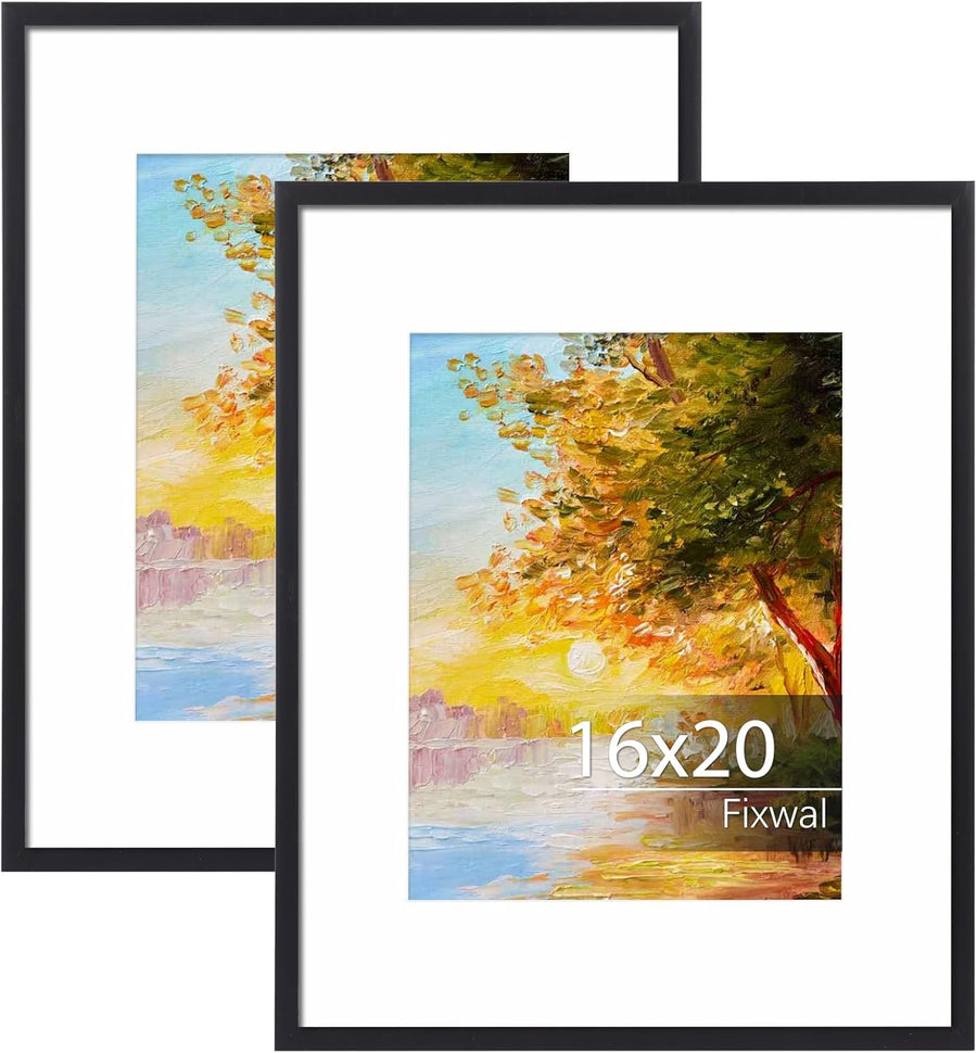 16x20 Picture Frame Set of 2, Black Poster Frames for Wall Display with Mat for 11x14 Pictures