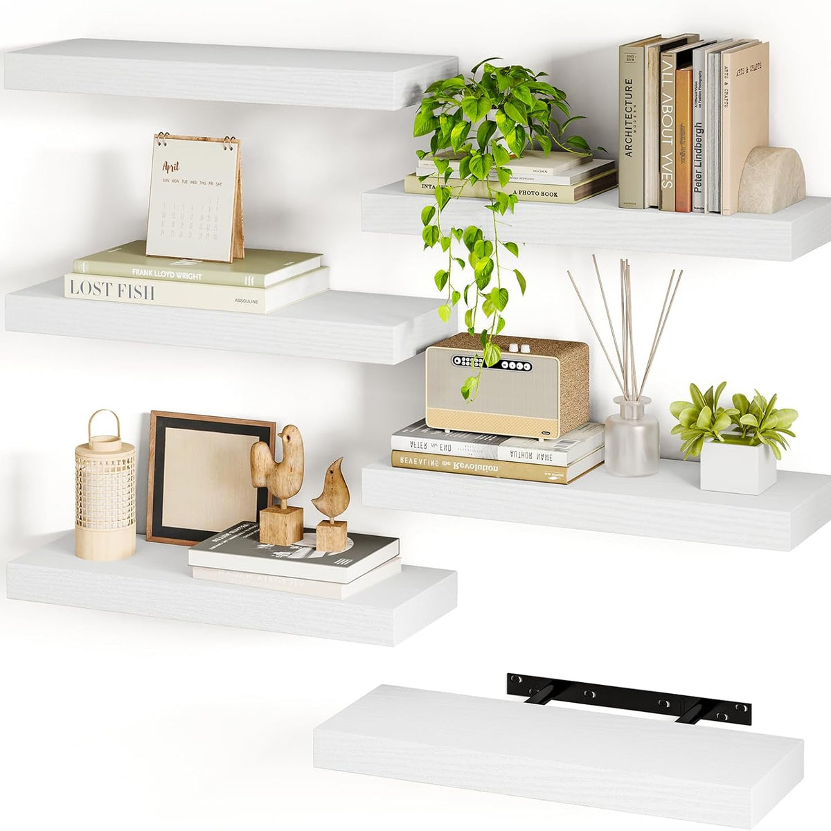 Fixwal White Shelves, 15.7in Floating Shelves, Farmhouse Shelf Wall Decor for Bathroom, Bedroom, Living and Kitchen Set of 6