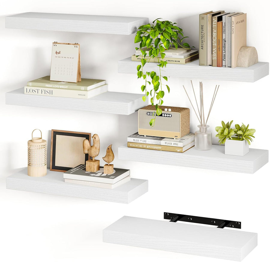 White Shelves, 15.7in Floating Shelves, Farmhouse Shelf Wall Decor for Bathroom, Bedroom, Living and Kitchen Set of 6