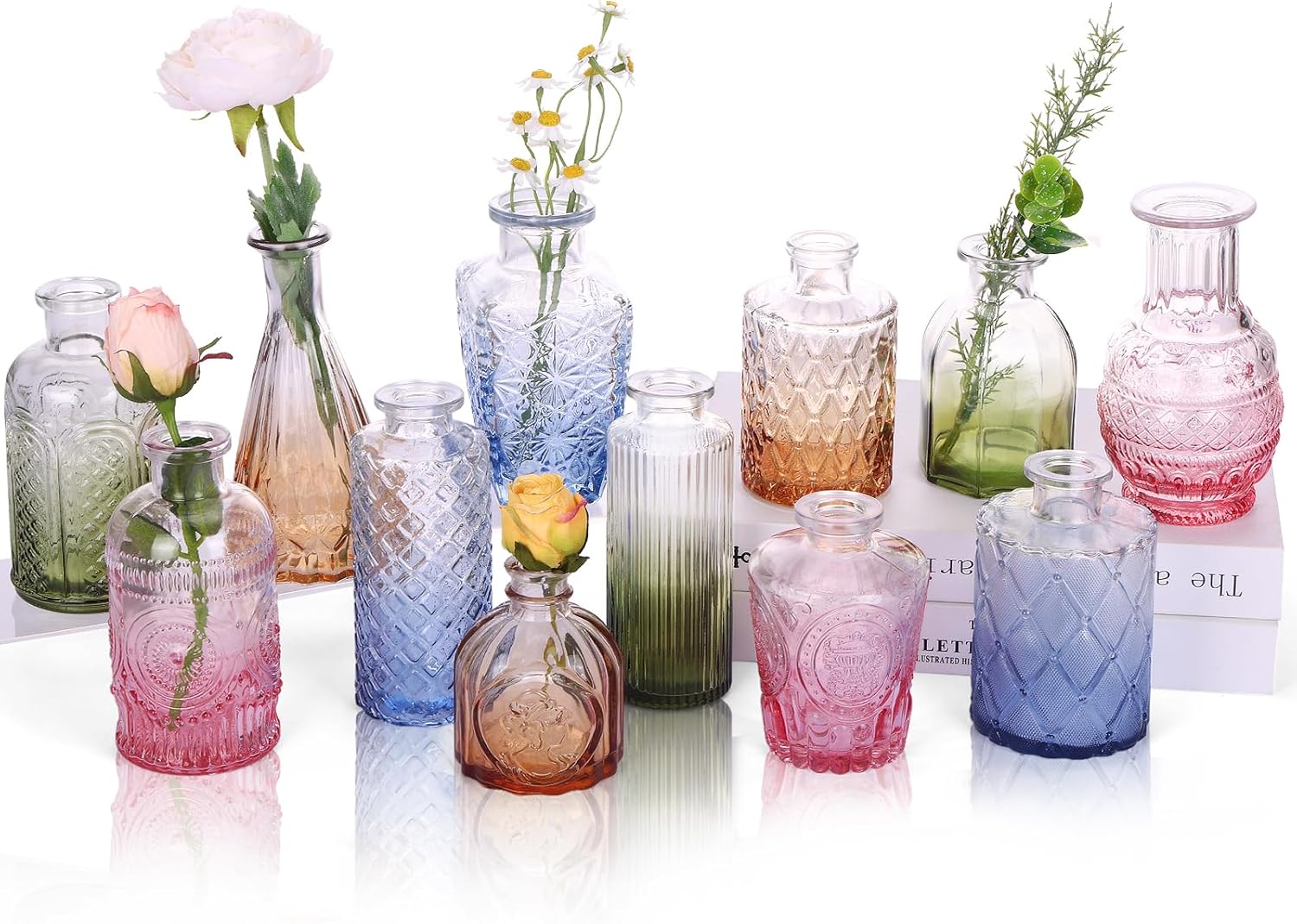 12 Pack Colorful Glass Bud Vases, Small Colored Vintage Vases for Centerpieces, Decorative Flower Vases for Wedding Home Table Decor(Amber, Blue, Green, Pink)