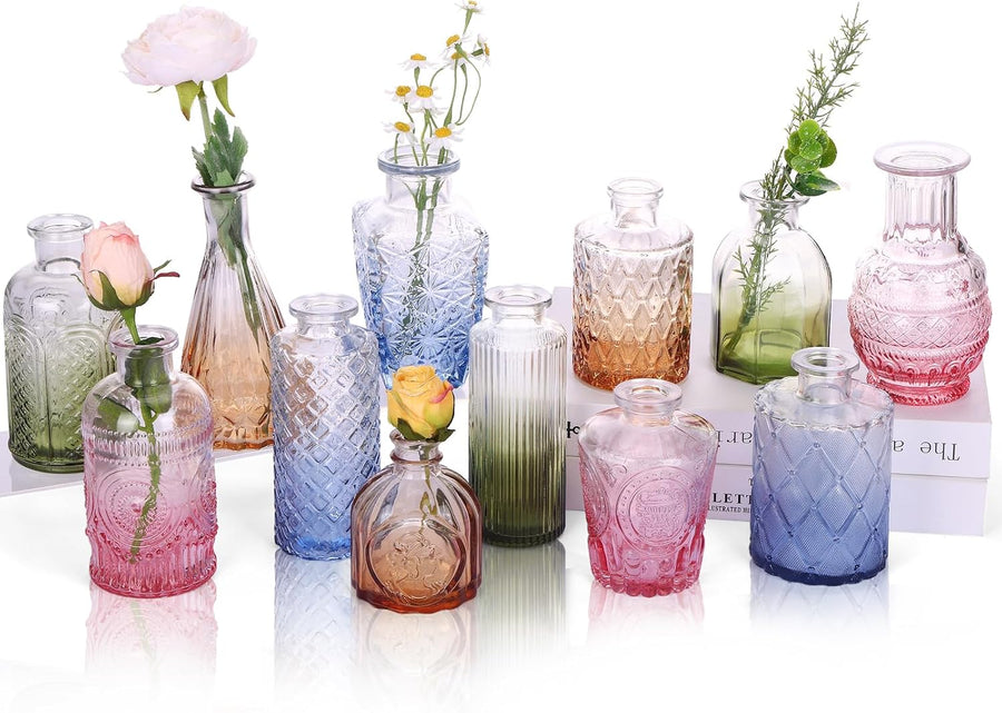 12 Pack Colorful Glass Bud Vases, Small Colored Vintage Vases for Centerpieces, Decorative Flower Vases for Wedding Home Table Decor(Amber, Blue, Green, Pink)