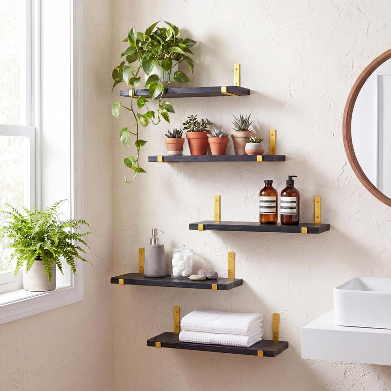 Fixwal Floating Black Gold Shelves Set of 5, Width 4.75 Inches Wall Shelves, Rustic Wood Wall Storage Shelves for Bedroom, Living Room, Kitchen, Bathroom, Home Decor, Laundry Room, Office and Plants