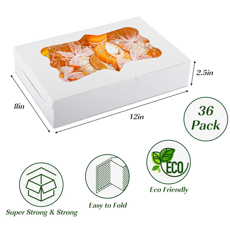 36pcs Bakery Boxes, 12x8x2.5 Inches Bakery Boxes with Window, Cookie Boxes Dessert Boxes with Window Pastry Boxes Cajas Para Postres for Chocolate Covered Strawberries, Cookies, Muffins, Donuts