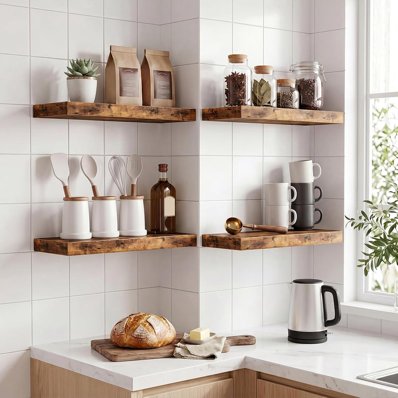 Fixwal Wood Floating Shelves, Wall Shelves Set of 4, Shelves for Wall Decor, with Invisible Brackets for Bathroom, Living Room,Bedroom and Kitchen(15.7in, Rustic Brown)